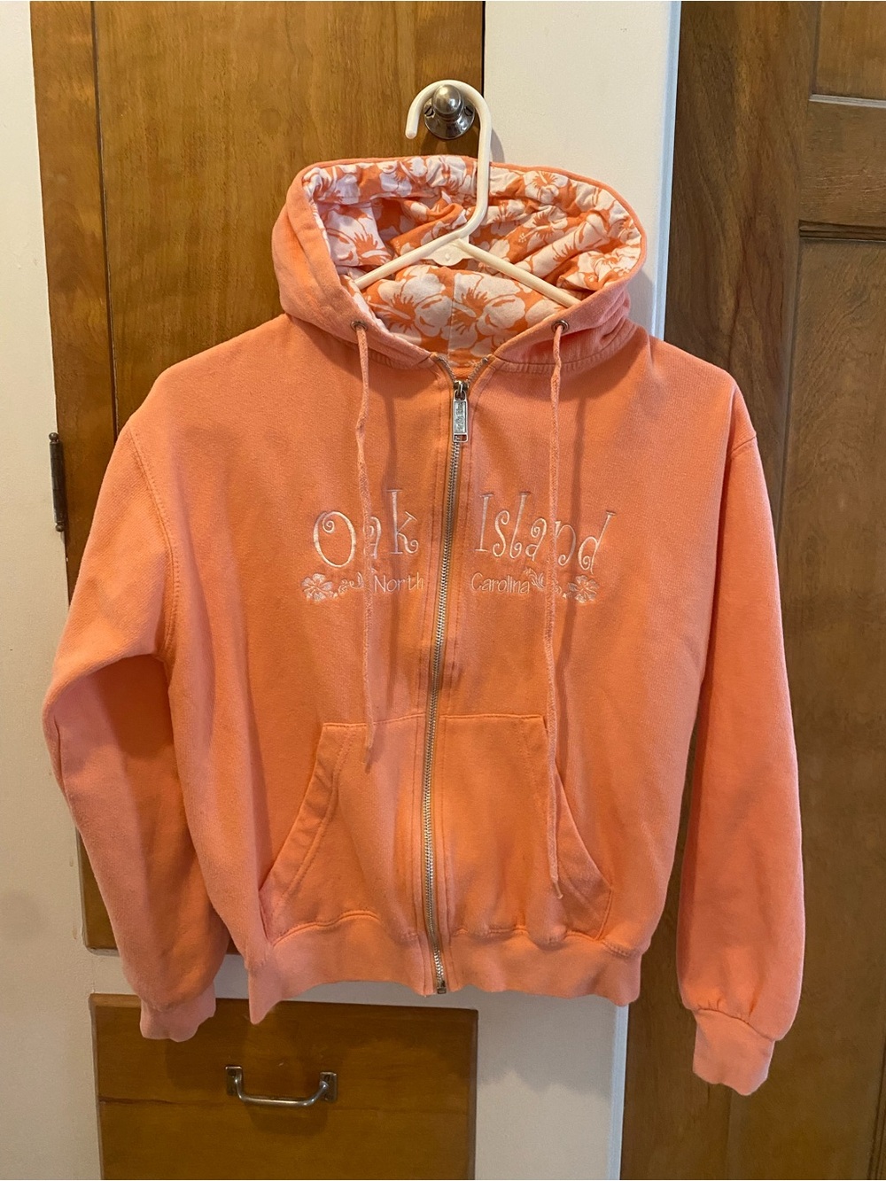 Oak Island, North Carolina Zip-Front Hoodie Jacket - Coral Pink
